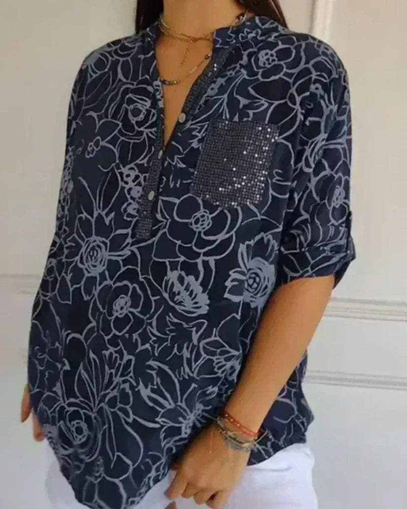 Diane | Blouse légère à col fendu et motif floral dessiné