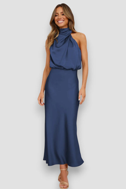 Adèle | Robe longue satinée à col drapé pour femme