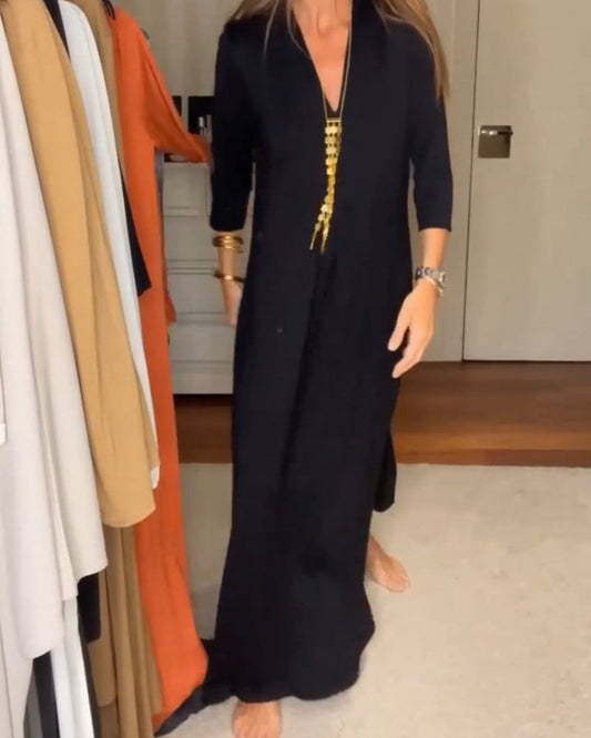 Charlie | Robe Longue Fluide à Manches 3/4 et Col en V pour Femme