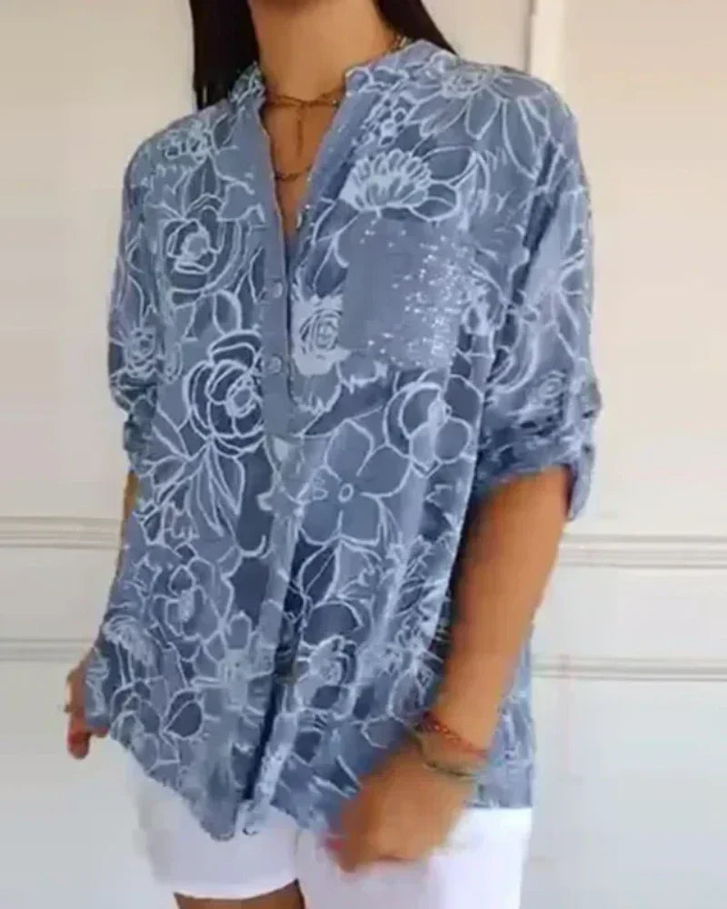 Diane | Blouse légère à col fendu et motif floral dessiné
