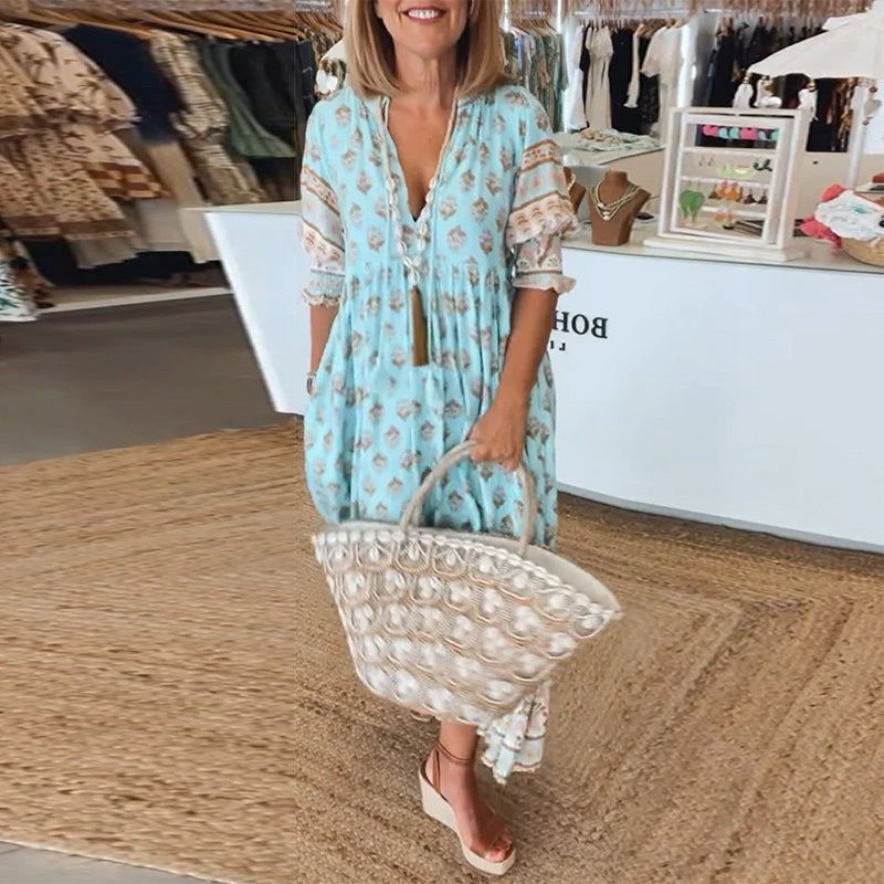 Lyana | Robe longue à imprimé bohème et manches trois-quarts