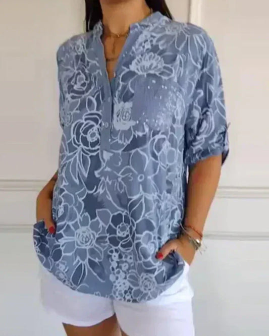 Diane | Blouse légère à col fendu et motif floral dessiné