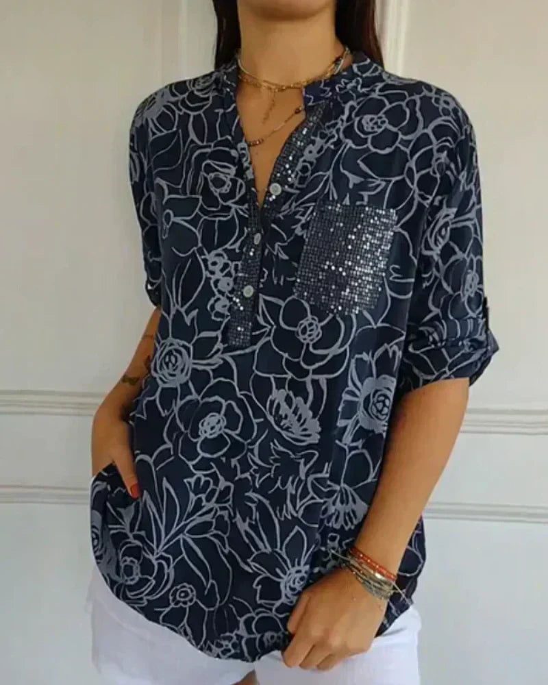 Diane | Blouse légère à col fendu et motif floral dessiné
