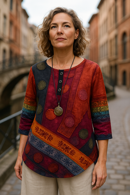 Énora | Blouse bohème à motifs ethniques et col boutonné