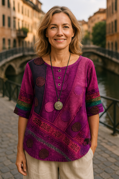 Énora | Blouse bohème à motifs ethniques et col boutonné