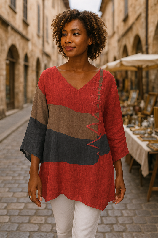 Talia | Blouse ample à col en V et détails contrastés