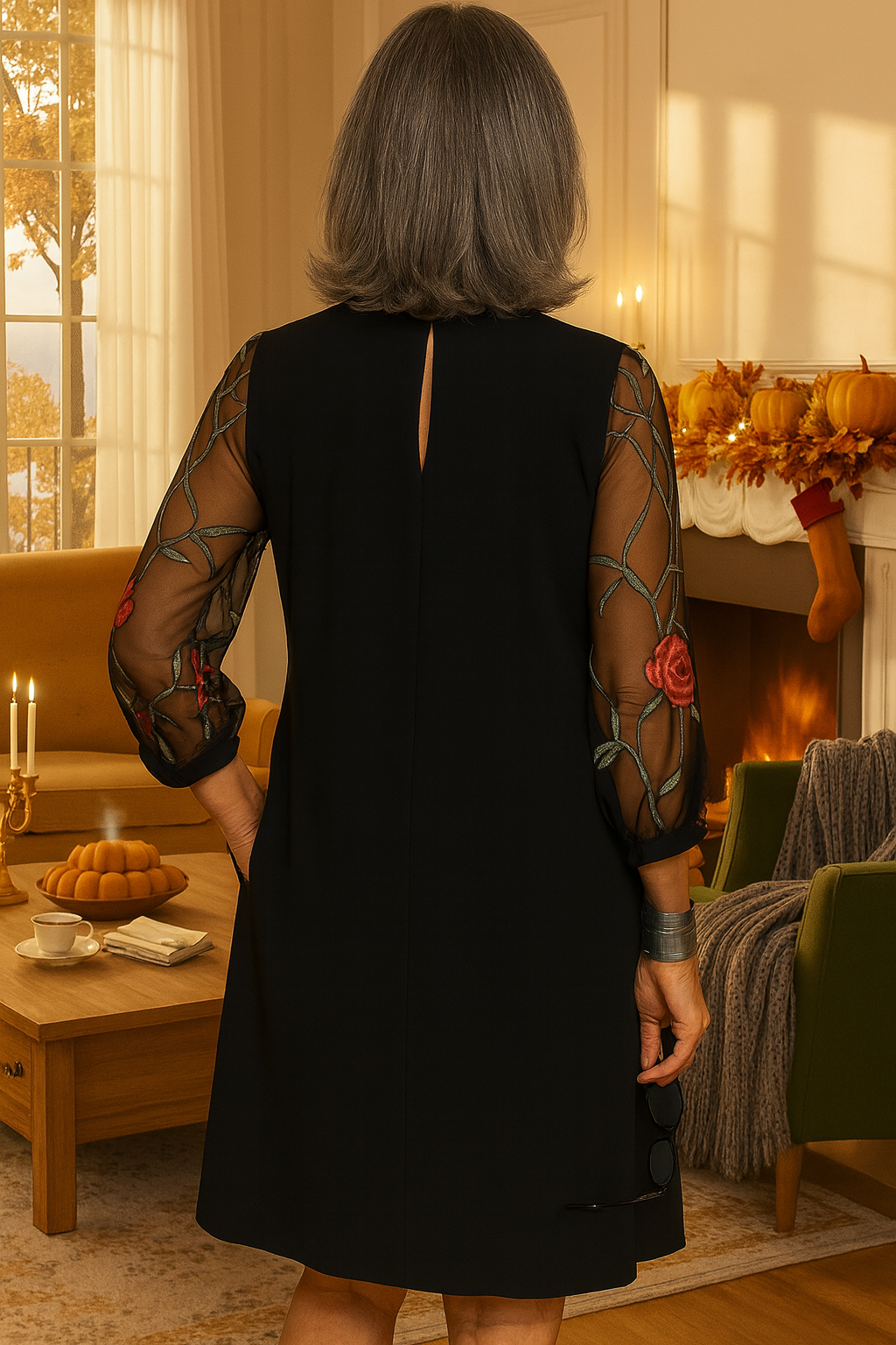 Félicie | Élégante Robe Fluide à Manches Transparentes Brodées pour Femme