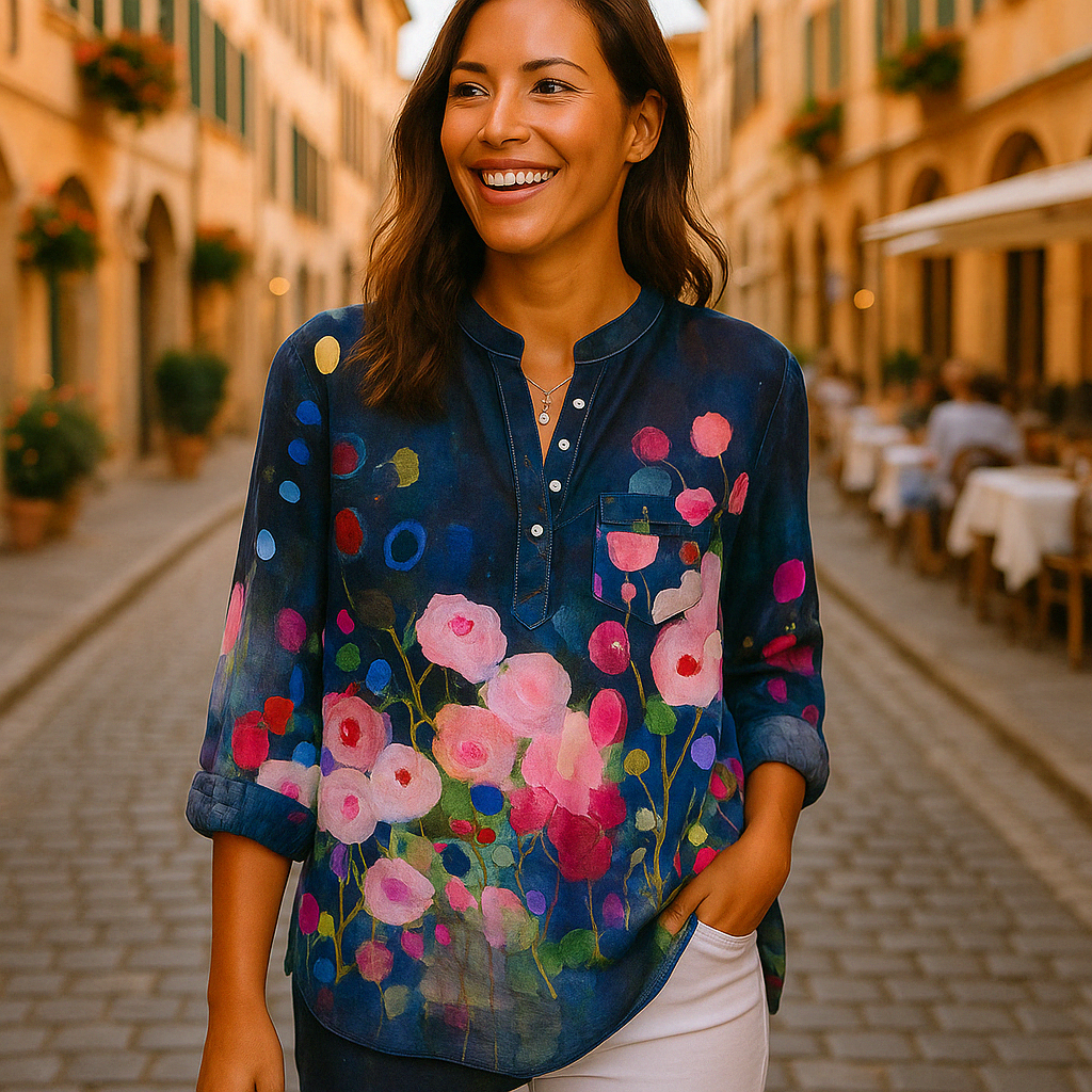 Nyla | Blouse imprimée à col tunisien et manches longues