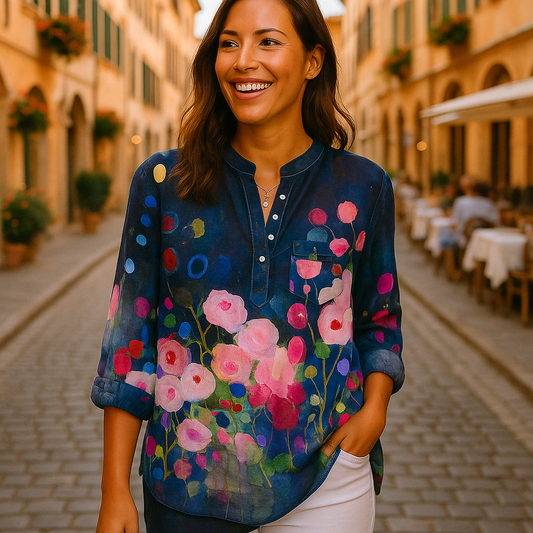 Nyla | Blouse imprimée à col tunisien et manches longues