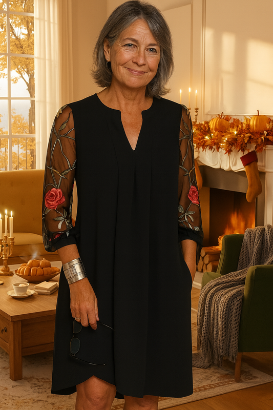 Félicie | Élégante Robe Fluide à Manches Transparentes Brodées pour Femme