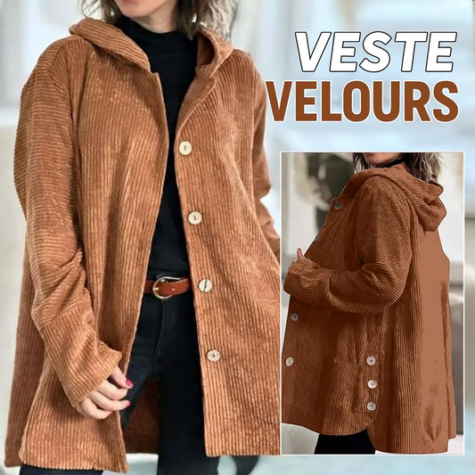 Joëlle | Veste Femme en Velours à Capuche avec Boutons Latéraux