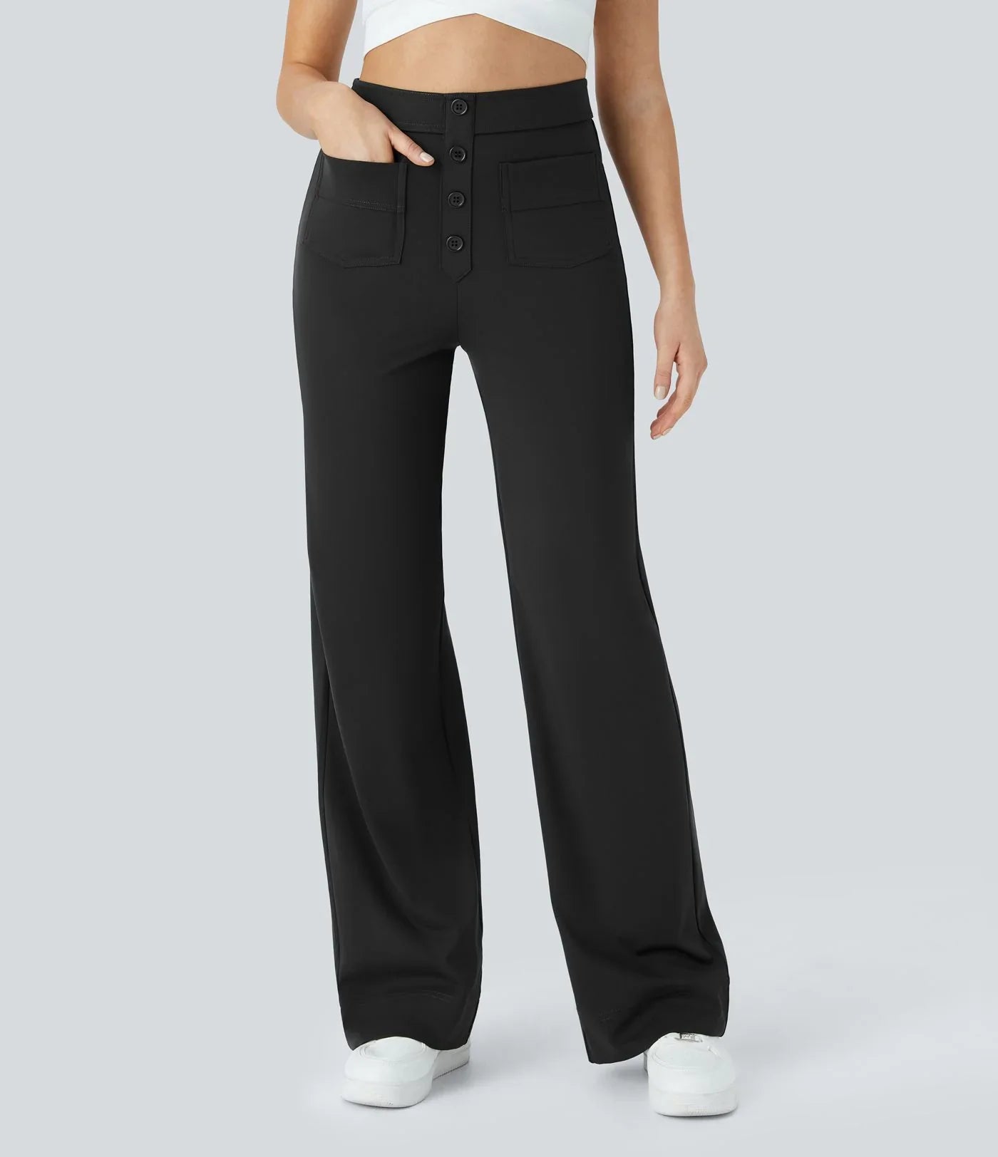 Florence | Pantalon taille haute à jambe large et boutons pour femme