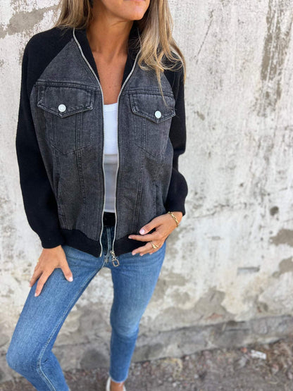 Pauline | Veste Zippée à Manches Longues et Empiècement Denim pour Femme