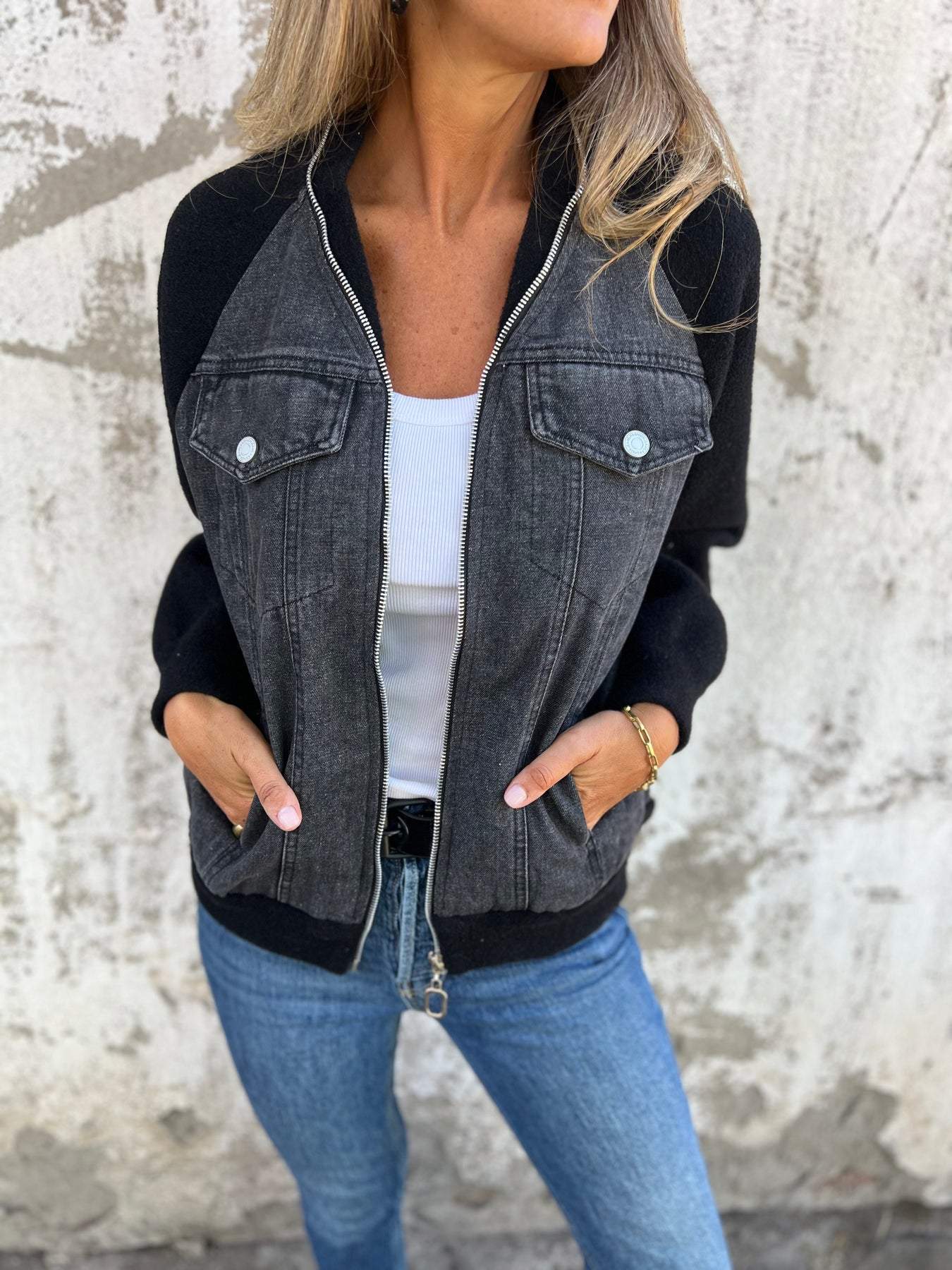 Pauline | Veste Zippée à Manches Longues et Empiècement Denim pour Femme