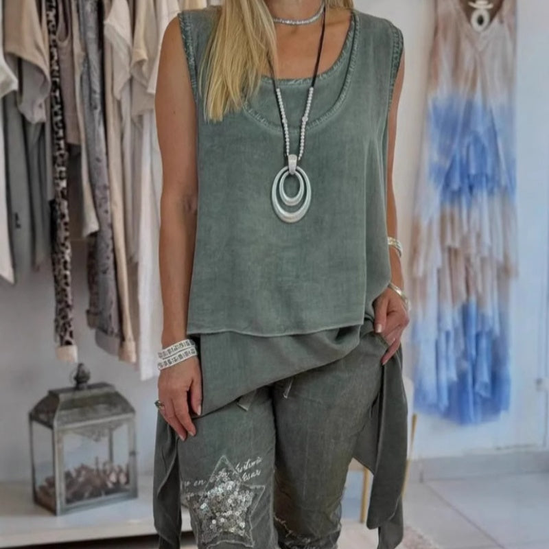 Sana | Ensemble asymétrique sans manches et pantalon imprimé pour femme