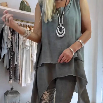 Sana | Ensemble asymétrique sans manches et pantalon imprimé pour femme