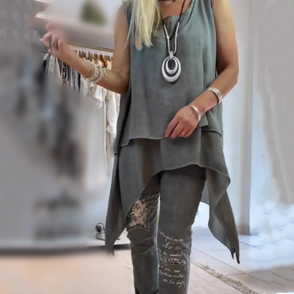 Sana | Ensemble asymétrique sans manches et pantalon imprimé pour femme