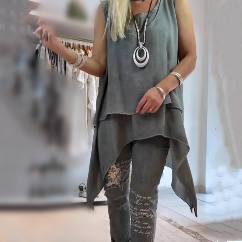 Sana | Ensemble asymétrique sans manches et pantalon imprimé pour femme